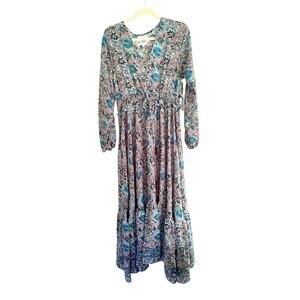 Masala Long Sleeve V-Neck Maxi Dress, Blue/Pink Paisley, Large
